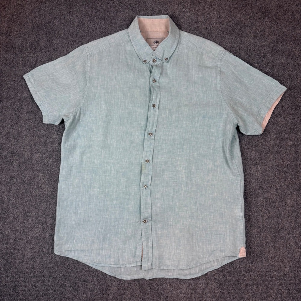 Report Collection Mens Medium Light Blue 100% Linen Short Sleeve Button Down